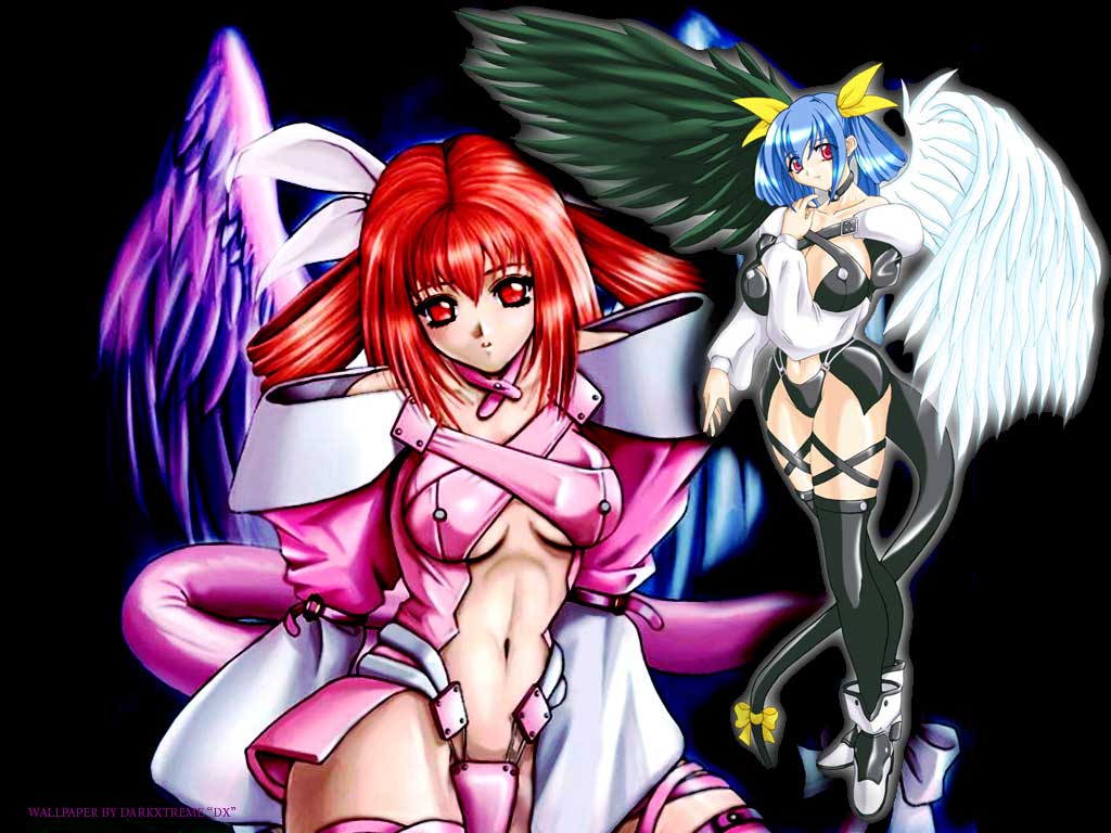 dizzy (guilty gear), arc system works, guilty gear, 2girls, alternate color, asymmetrical wings, blue hair, boots, bow, breasts, choker, hair ribbon, huge breasts, large breasts, long hair, multiple girls, red eyes, red hair, ribbon, tail, tail ornament, tail ribbon, thighhighs, wings