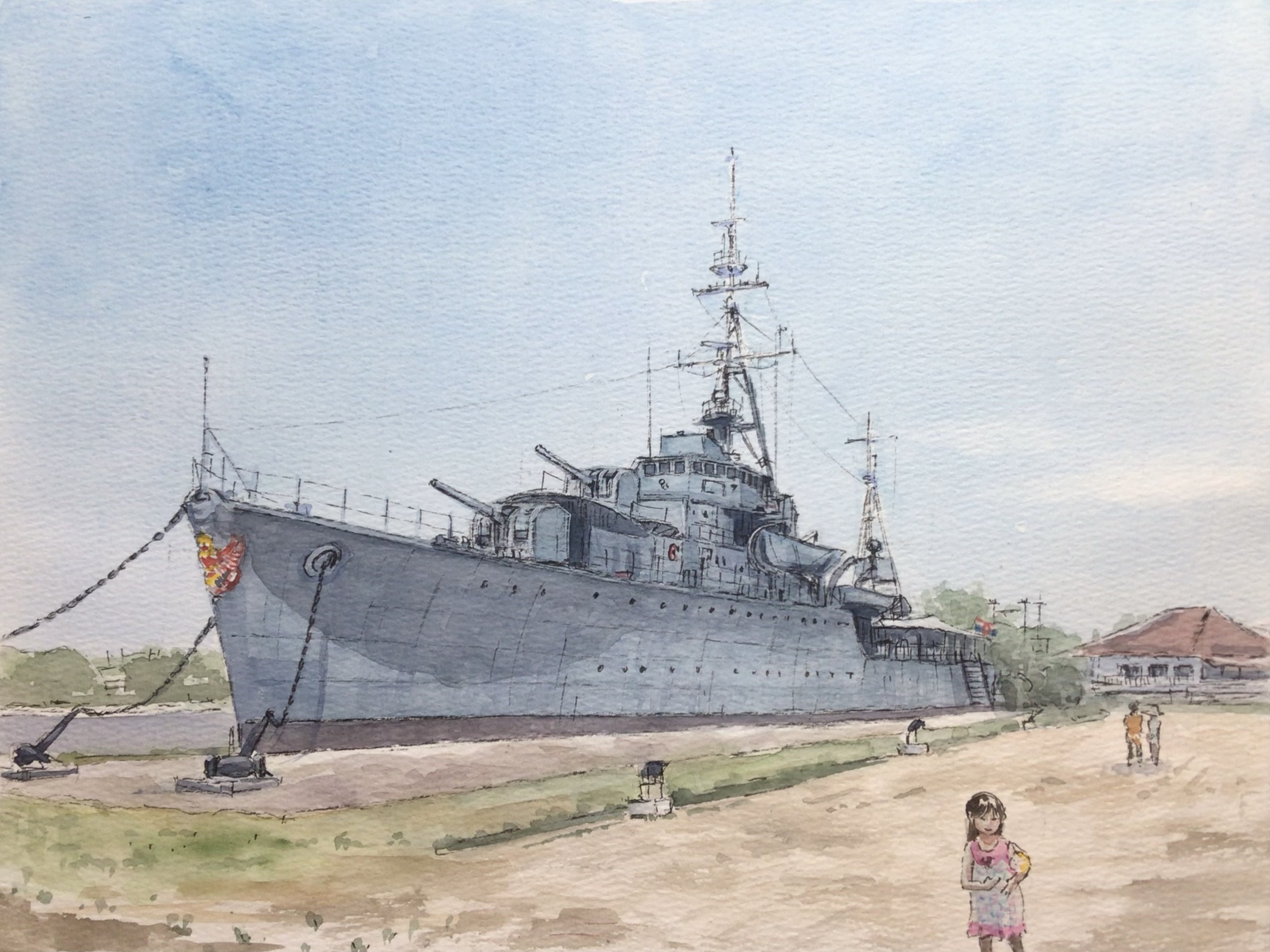 atelier bono, htms maeklong, original, commentary request, highres, painting (medium), traditional media, watercolor (medium), 1boy, 2girls, anchor, blue sky, cannon, cloud, flag, frigate, lifeboat, mast, military vehicle, multiple girls, museum, royal thai navy, scenery, ship, ship turret, sky, smokestack, thai flag, thailand, vehicle focus, warship, watercraft