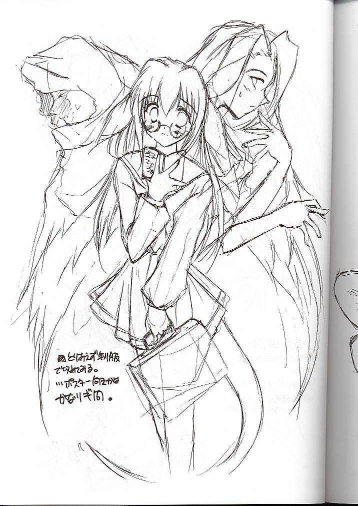 dizzy (guilty gear), necro (guilty gear), undine (guilty gear), arc system works, guilty gear, 1girl, alternate costume, asymmetrical wings, bag, glasses, greyscale, long hair, monochrome, pleated skirt, school bag, school uniform, serafuku, sketch, skirt, tail, twintails, wings