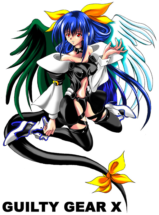 dizzy (guilty gear), arc system works, guilty gear, guilty gear x, 1girl, asymmetrical wings, bare shoulders, blue hair, choker, female focus, kneeling, red eyes, ribbon, solo, tail, tail ornament, tail ribbon, thighhighs, wings