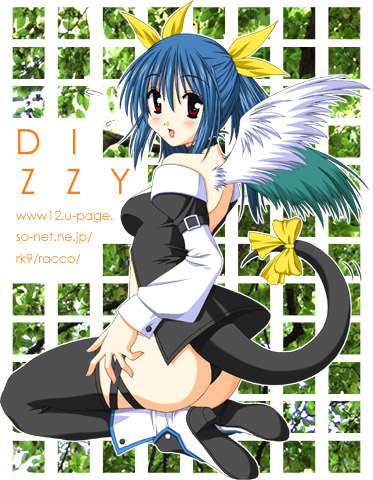 dizzy (guilty gear), arc system works, guilty gear, lowres, 1girl, ass, asymmetrical wings, blue hair, blush, bow, female focus, red eyes, ribbon, solo, tail, tail bow, tail ornament, tail ribbon, thighhighs, wings