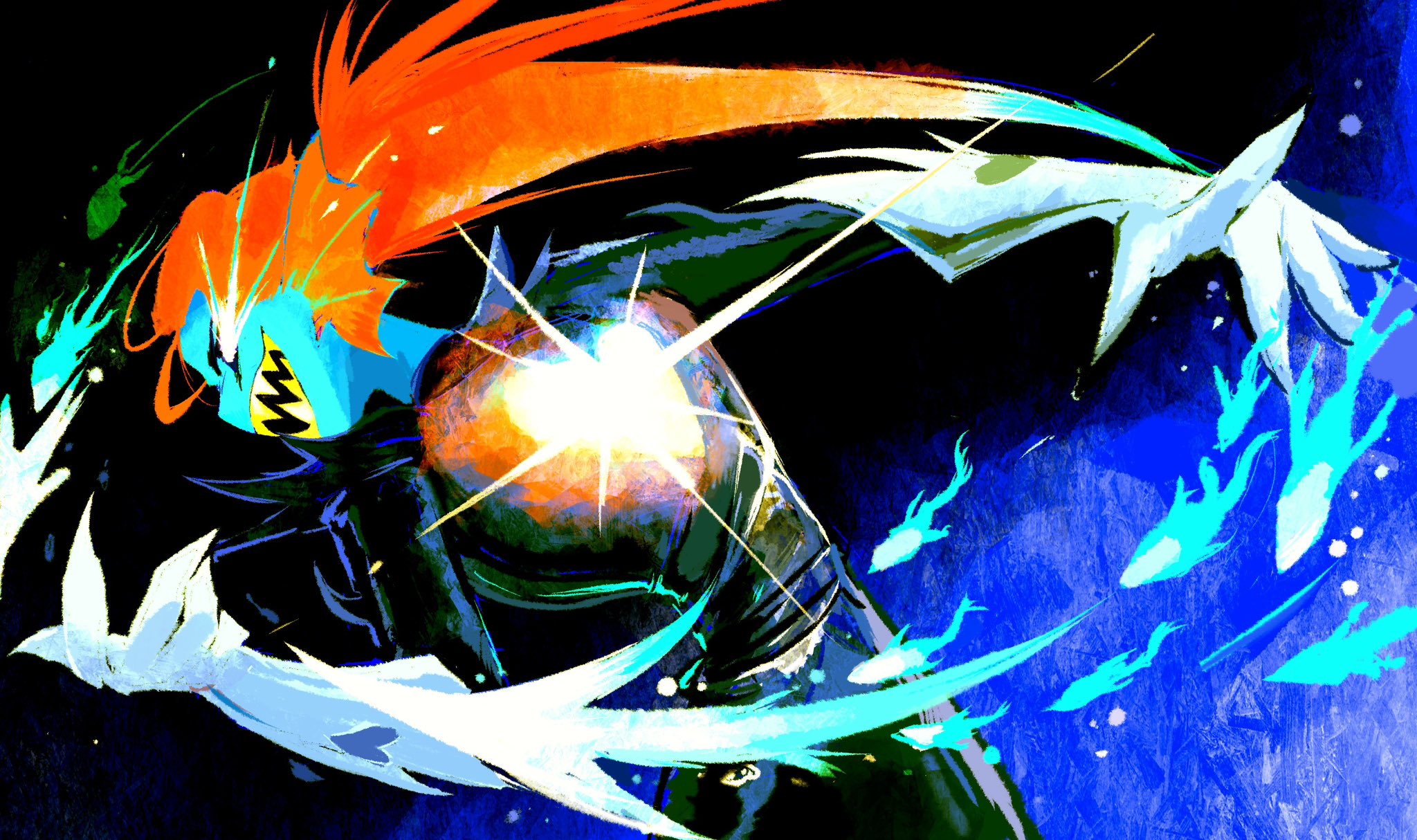 undyne, undyne the undying, undertale, utdr (toby fox), highres, 1girl, blue fire, blue skin, colored skin, colored teeth, cowboy shot, eye trail, fins, fire, fish girl, gauntlets, glowing, head fins, heart, leaning to the side, light trail, long hair, open mouth, outstretched arm, red hair, sharp teeth, solo, teeth, two-tone background, vivionlyart, yellow teeth