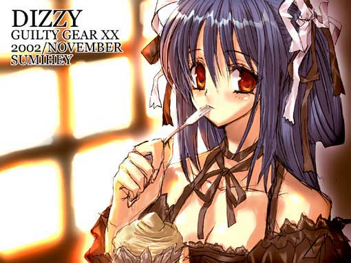 sumi hei, sumihey, dizzy (guilty gear), arc system works, guilty gear, 1girl, blue hair, blush, breasts, choker, cleavage, dessert, dress, eating, female focus, food, hair ribbon, long hair, pudding, red eyes, ribbon, solo, window