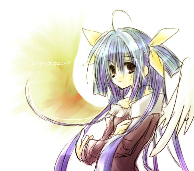dizzy (guilty gear), arc system works, guilty gear, 1girl, asymmetrical wings, blue hair, dress, english text, female focus, red eyes, solo, wings