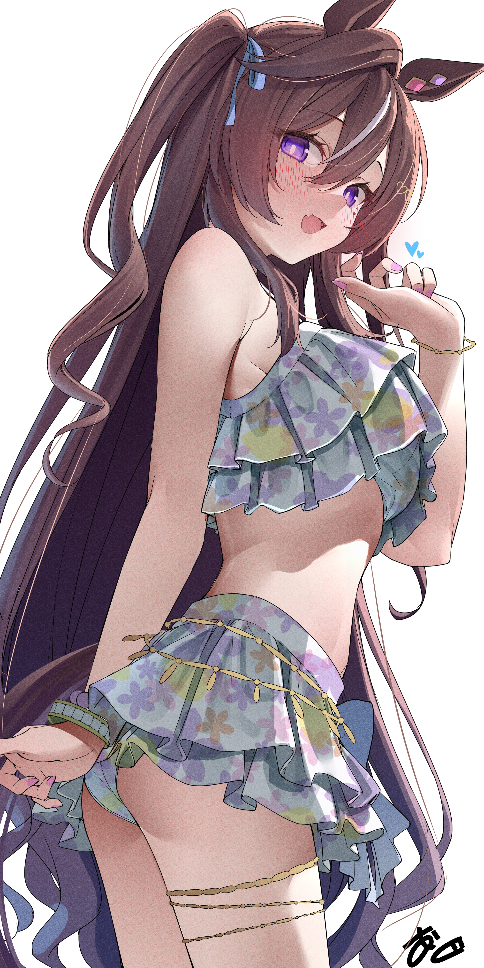 kawai ritsu (rits meg), vivlos (finest smile – liftoff!) (umamusume), vivlos (umamusume), umamusume, absurdres, highres, 1girl, animal ears, ass, bare shoulders, bikini, bikini skirt, blush, brown hair, cowboy shot, fang, fingernails, floral print bikini, hair between eyes, horse ears, horse girl, horse tail, long hair, looking at viewer, mole, mole under eye, nail polish, official alternate costume, open mouth, pink bikini, purple eyes, purple nails, ruffle bikini, simple background, skin fang, smile, solo, swimsuit, tail, thighs, white background, white streaks