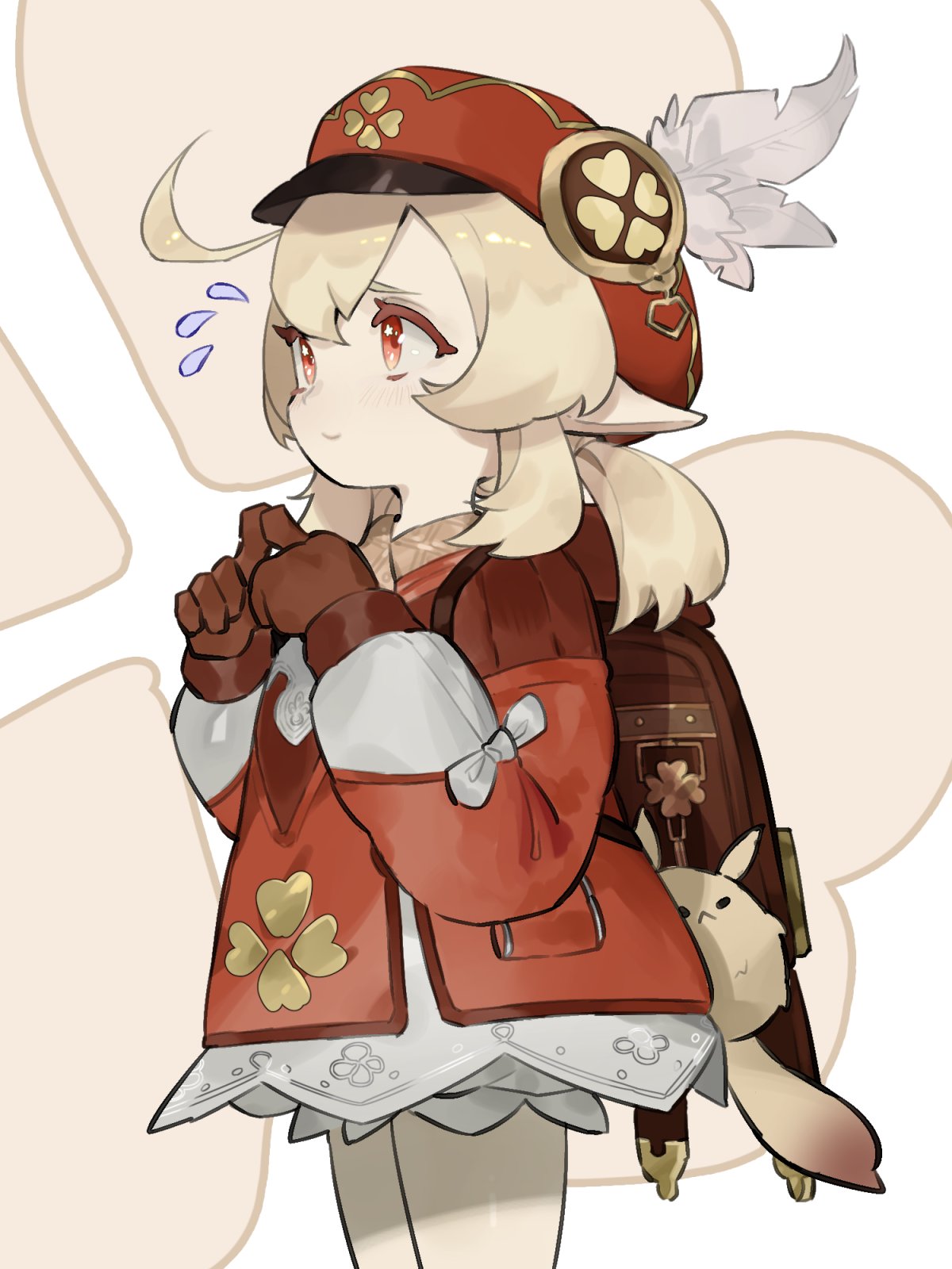 ryein, dodoco (genshin impact), klee (genshin impact), genshin impact, highres, 1girl, ahoge, backpack, bag, bag charm, blonde hair, brown bag, brown gloves, charm (object), closed mouth, coat, cowboy shot, fidgeting, flying sweatdrops, gloves, hair between eyes, hands up, hat, hat feather, index fingers together, long hair, long sleeves, low twintails, newsboy cap, pointy ears, red coat, red eyes, red hat, sidelocks, smile, solo, standing, twintails