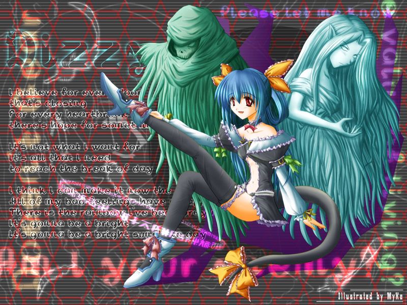 myke, dizzy (guilty gear), necro (guilty gear), undine (guilty gear), arc system works, guilty gear, 1girl, asymmetrical wings, bad anatomy, blue hair, boots, bow, choker, frilled thighhighs, frills, hair ribbon, high heels, leg lift, long hair, red eyes, ribbon, shoes, sitting, skull, tail, tail bow, tail ornament, tail ribbon, thighhighs, twintails, wings
