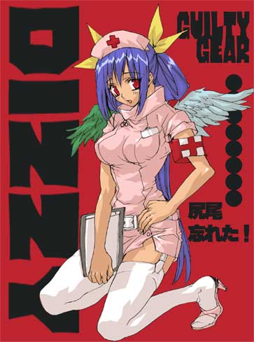 dizzy (guilty gear), arc system works, guilty gear, lowres, 1girl, asymmetrical wings, blue hair, female focus, nurse, red eyes, solo, thighhighs, wings