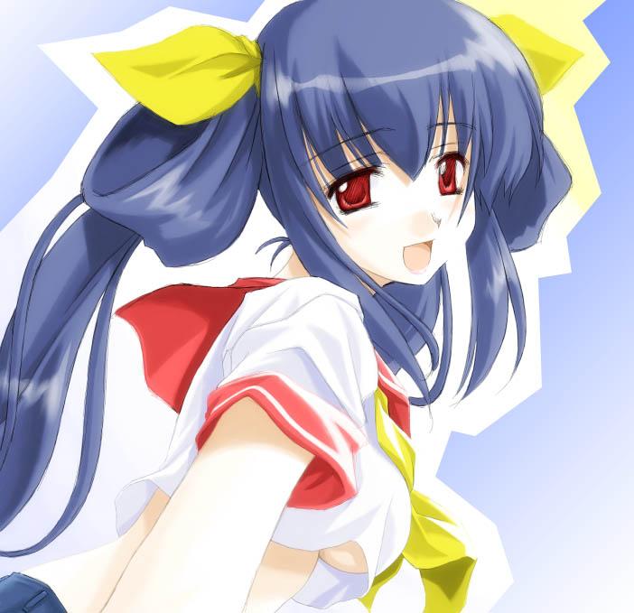 umekichi, dizzy (guilty gear), arc system works, guilty gear, 1girl, blue eyes, blue hair, breasts, female focus, looking at viewer, matching hair/eyes, open mouth, red eyes, ribbon, sailor collar, smile, solo, underboob