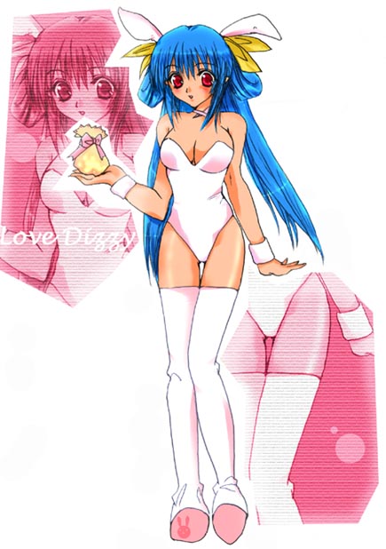 dizzy (guilty gear), arc system works, guilty gear, 1girl, animal ears, blue hair, blush, bow, breasts, character name, cleavage, english text, fake animal ears, female focus, full body, hair ribbon, holding, knees together feet apart, large breasts, leotard, long hair, looking at viewer, no wings, parted lips, pink bow, pink ribbon, playboy bunny, pouch, rabbit ears, red eyes, ribbon, shoes, solo, thigh gap, thighhighs, white thighhighs, yellow ribbon, zoom layer