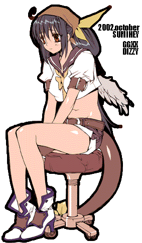 sumi hei, sumihey, dizzy (guilty gear), arc system works, guilty gear, guilty gear xx, lowres, 1girl, 2002, boots, female focus, headscarf, pirate, sailor collar, solo, tail, transparent background, yellow headscarf