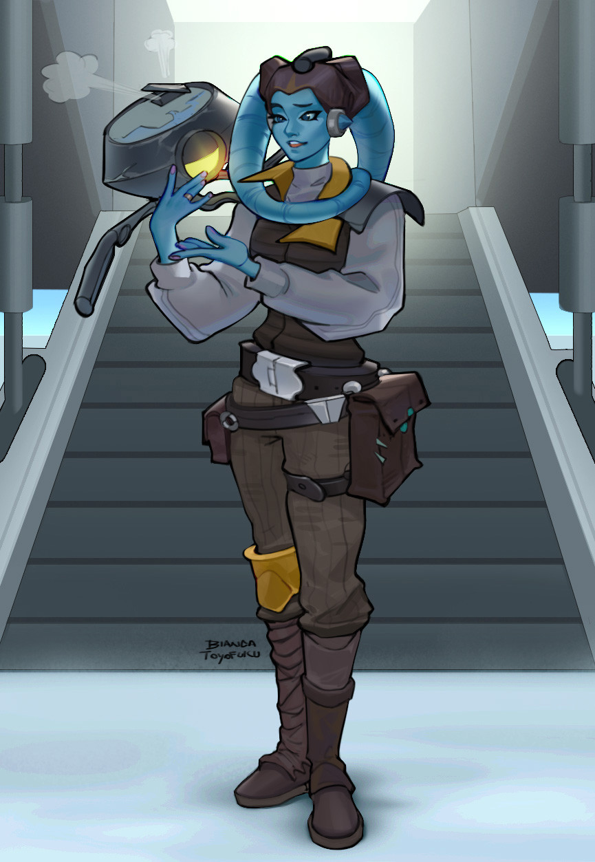 twi'lek, star wars, highres, 1girl, alien, bianca toyofuku, blue eyes, blue skin, boots, brown boots, brown pants, colored skin, full body, pants, shirt, signature, solo, stairs, standing, white shirt