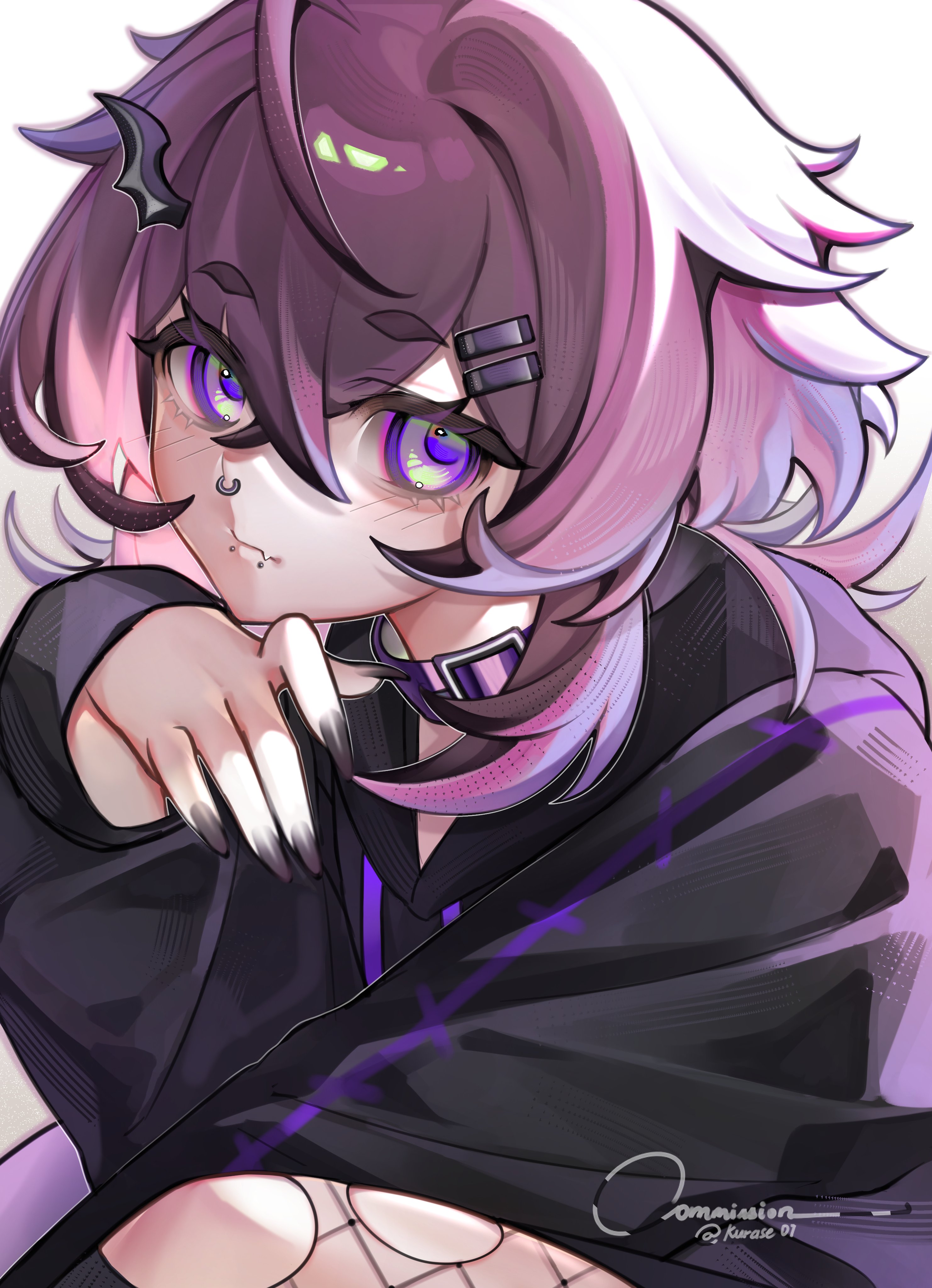 indie virtual youtuber, absurdres, commentary, commission, english commentary, highres, vgen commission, 1girl, aegyo sal, artist name, black hoodie, black nails, choker, closed mouth, crossed bangs, eyelashes, face piercing, fang, hair between eyes, hair ornament, hairclip, hand up, hood, hood down, hoodie, kurase 07, labret piercing, long hair, long sleeves, looking at viewer, nail polish, nico viras, nose piercing, parallel hairclips, piercing, purple choker, purple eyes, purple hair, simple background, skin fang, solo, twitter username, upper body, virtual youtuber, white background