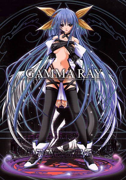 fantasy wind, shinano yura, dizzy (guilty gear), arc system works, guilty gear, 1girl, arms behind back, asymmetrical wings, black thighhighs, blue hair, boots, breasts, choker, female focus, hair ribbon, high heels, large breasts, long hair, midriff, open mouth, red eyes, ribbon, shoes, solo, tail, tail ornament, tail ribbon, thighhighs, underboob, very long hair, wings