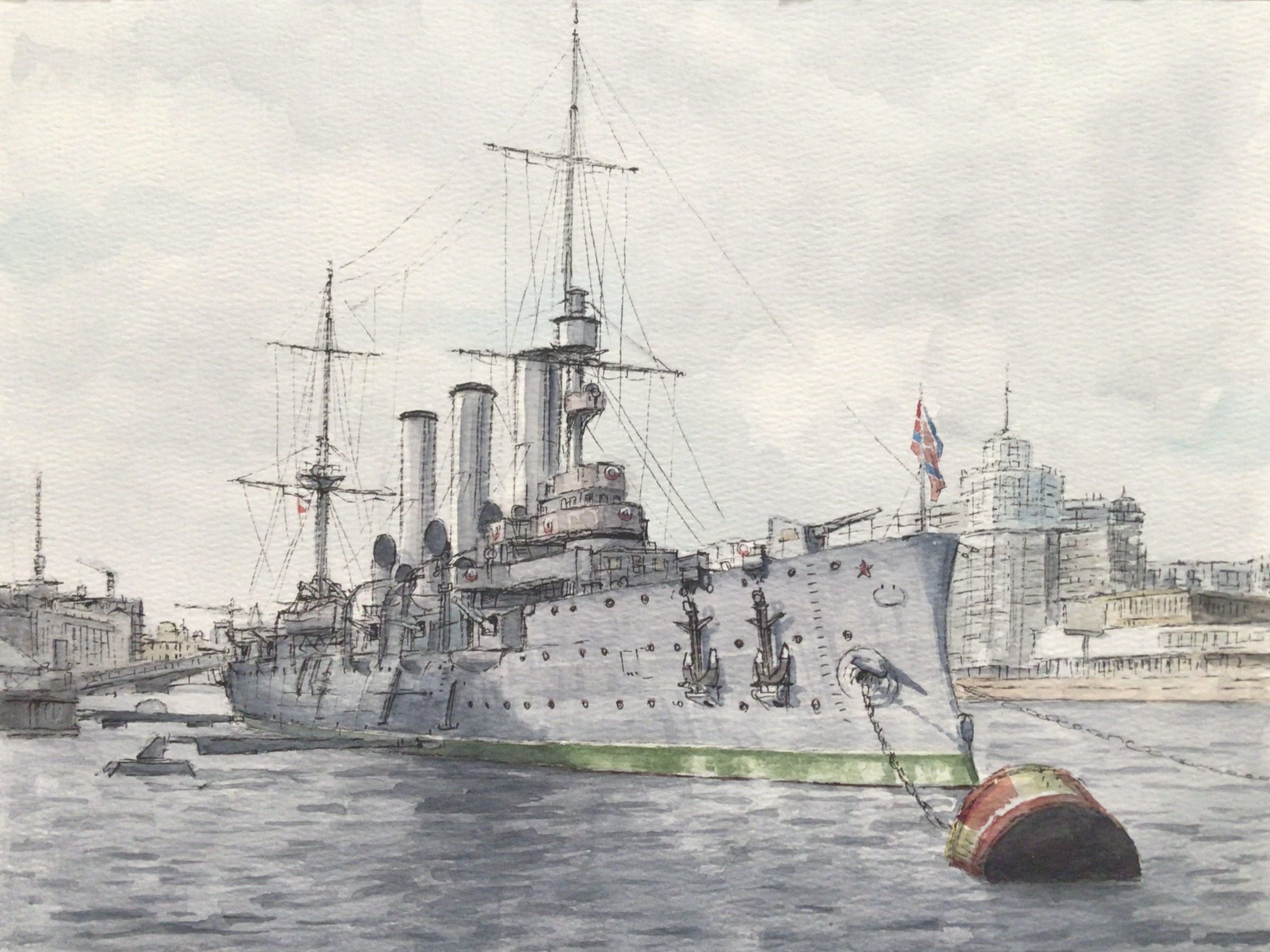 atelier bono, original, commentary request, highres, painting (medium), traditional media, watercolor (medium), anchor, aurora (russian cruiser), cloud, cloudy sky, cruiser, flag, ironclad, mast, military vehicle, museum, no humans, russia, scenery, ship, ship turret, sky, smokestack, st. petersburg, vehicle focus, warship, watercraft