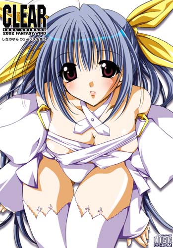 fantasy wind, shinano yura, dizzy (guilty gear), arc system works, guilty gear, lowres, 1girl, album cover, alternate color, blue hair, blush, breasts, choker, cleavage, cover, female focus, hair ribbon, large breasts, leaning forward, long hair, purple eyes, ribbon, solo, thighhighs, very long hair