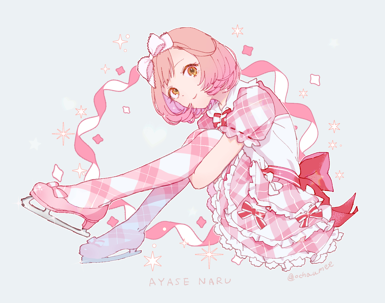 amattle, ayase naru, pretty rhythm, pretty rhythm rainbow live, pretty series, commentary request, highres, 1girl, brown eyes, character name, closed mouth, dress, frilled dress, frilled sleeves, frills, from side, full body, grey background, high heels, hugging own legs, ice skates, idol clothes, knees up, looking at viewer, pantyhose, pink dress, pink hair, pink pantyhose, pink shoes, puffy short sleeves, puffy sleeves, ribbon, shoes, short hair, short sleeves, sitting, skates, smile, solo