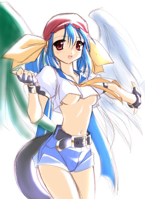 norizou type-r, dizzy (guilty gear), arc system works, guilty gear, guilty gear xx, 1girl, asymmetrical wings, belt, blue hair, blue sailor collar, breasts, denim, denim shorts, female focus, fingerless gloves, gloves, medium breasts, pirate, red eyes, sailor collar, shorts, solo, tail, underboob, wings
