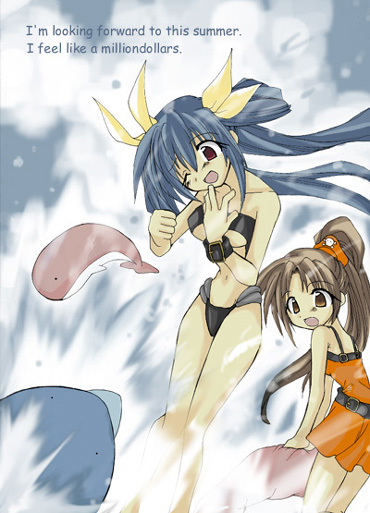 dizzy (guilty gear), may (guilty gear), arc system works, guilty gear, 2girls, :o, animal, bad anatomy, bare arms, bare shoulders, belt, bikini, dress, hair ribbon, long hair, multiple girls, open mouth, orange dress, orange shirt, ribbon, shirt, splashing, swimsuit, twintails, very long hair, whale