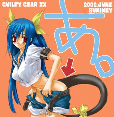 sumi hei, sumihey, dizzy (guilty gear), arc system works, guilty gear, lowres, 1girl, blue hair, blue sailor collar, blush, bow, dressing, female focus, long hair, pirate, red eyes, ribbon, sailor collar, solo, tail, tail bow, tail ornament