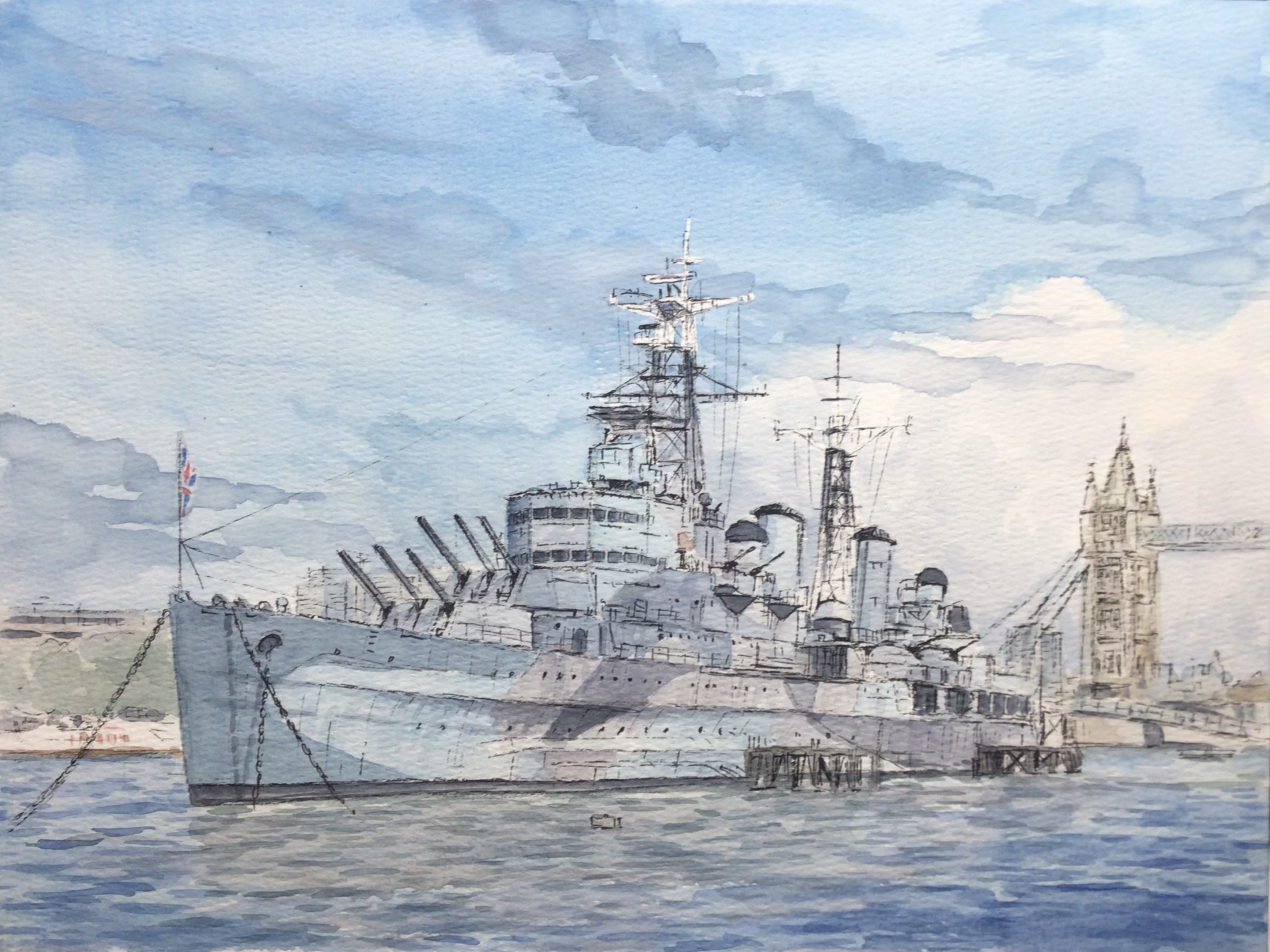 atelier bono, original, commentary request, highres, painting (medium), traditional media, watercolor (medium), anchor, blue sky, cloud, cruiser, flag, hms belfast (c35), london, mast, military vehicle, museum, no humans, scenery, ship, ship turret, sky, smokestack, tower bridge (london), union jack, united kingdom, vehicle focus, warship, watercraft