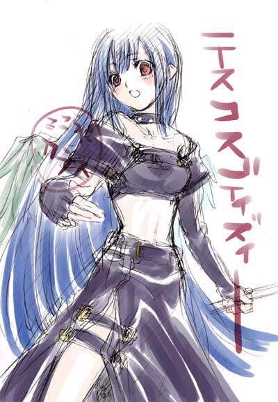 dizzy (guilty gear), testament (guilty gear), arc system works, guilty gear, 1girl, asymmetrical wings, blue hair, blush, cosplay, female focus, open mouth, red eyes, sketch, solo, testament (cosplay), testament (guilty gear) (cosplay), wings