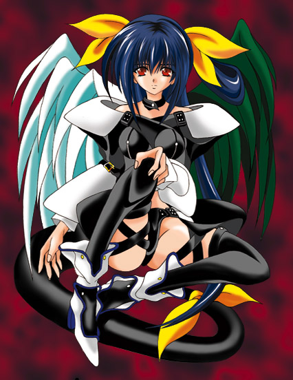dizzy (guilty gear), arc system works, guilty gear, 1girl, asymmetrical wings, blue hair, bow, female focus, red eyes, ribbon, solo, tail, tail bow, tail ornament, tail ribbon, thighhighs, wings