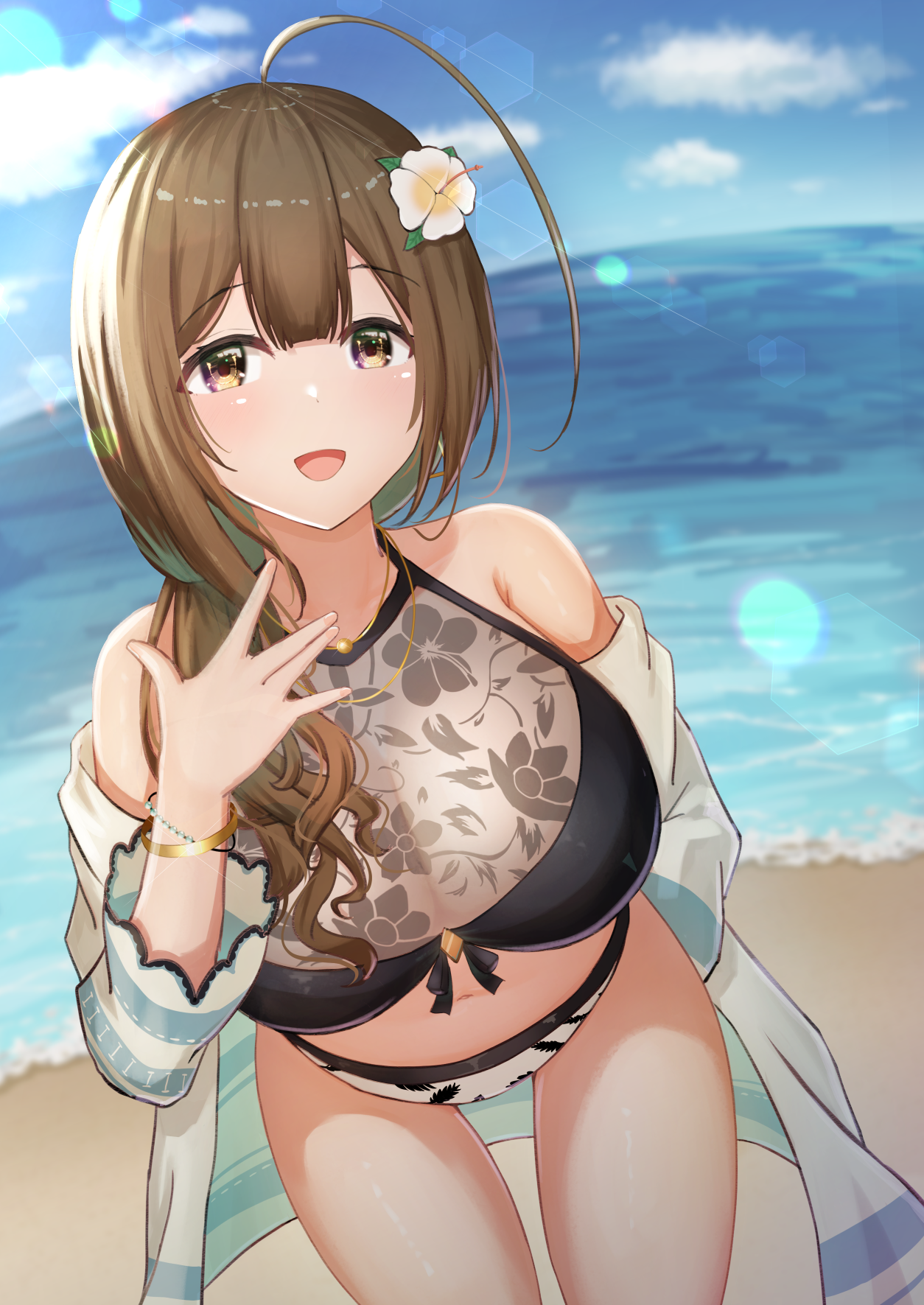 aiban, kuwayama chiyuki, idolmaster, idolmaster shiny colors, highres, 1girl, ahoge, bare shoulders, beach, bikini, black bikini, blush, breasts, brown eyes, brown hair, cleavage, collarbone, floral print, flower, hair flower, hair ornament, hair over shoulder, jacket, large breasts, long hair, looking at viewer, navel, ocean, open clothes, open jacket, open mouth, see-through clothes, smile, solo, stomach, swimsuit, water, white bikini