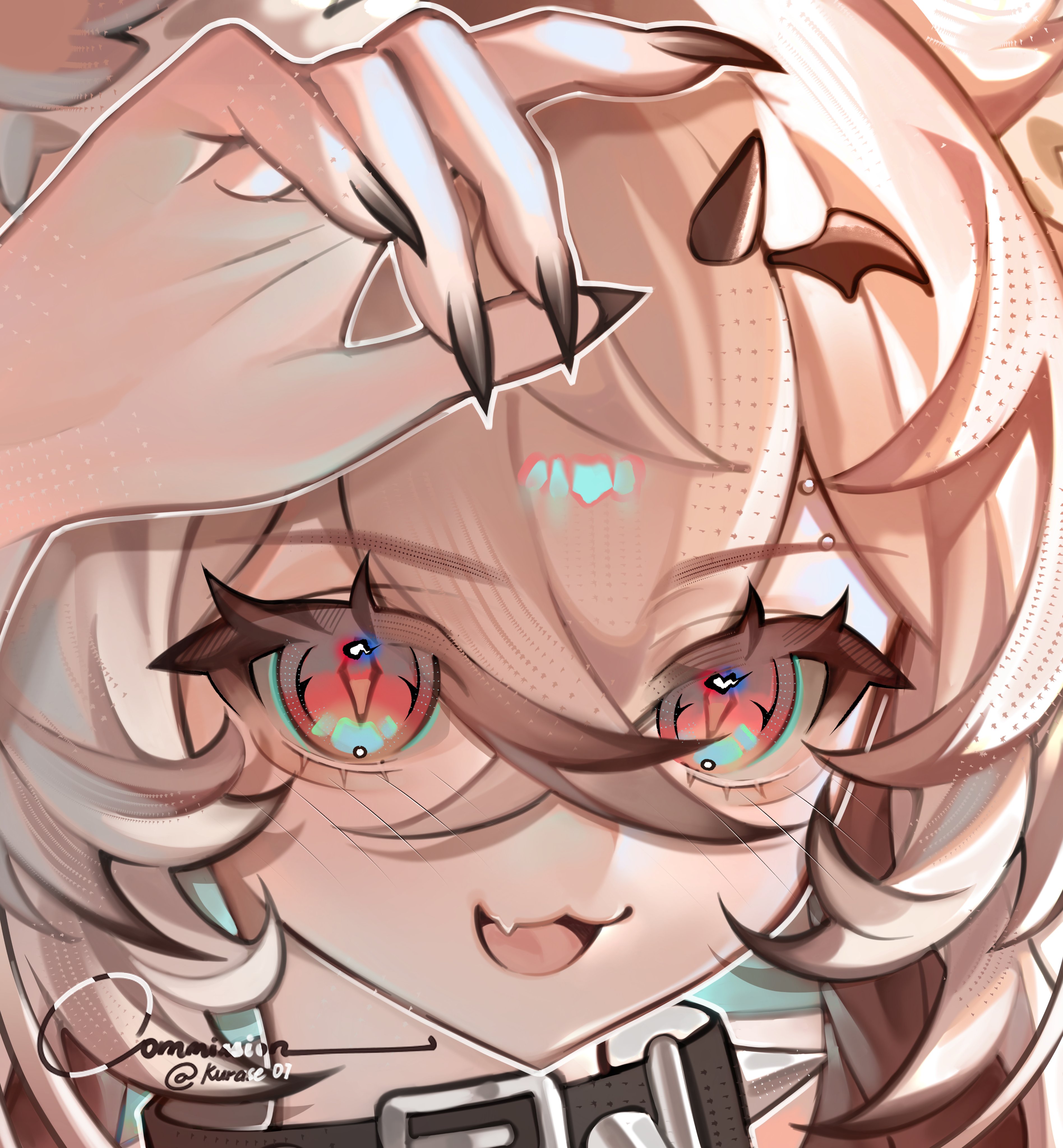 indie virtual youtuber, absurdres, commentary, commission, english commentary, highres, vgen commission, 1girl, :3, aegyo sal, artist name, belt collar, black collar, black nails, brown hair, close-up, collar, crossed bangs, double-parted bangs, effinfox, eyelashes, face piercing, fang, forehead piercing, hair between eyes, hair ornament, hand up, kurase 07, looking at viewer, nail polish, open mouth, piercing, portrait, red eyes, skin fang, smile, solo, spiked collar, spikes, tongue, twitter username, virtual youtuber