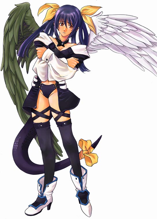 dizzy (guilty gear), arc system works, guilty gear, 1girl, asymmetrical wings, blue hair, bow, crossed arms, female focus, red eyes, ribbon, scales, solo, tail, tail bow, tail ornament, tail ribbon, thighhighs, wings