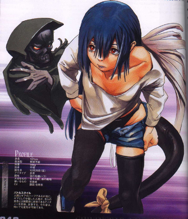 ishiwatari daisuke, dizzy (guilty gear), necro (guilty gear), arc system works, guilty gear, guilty gear x, guilty gear xx, official art, scan, 1girl, asymmetrical wings, black panties, black thighhighs, blue hair, bow, denim, denim shorts, female focus, leaning forward, long hair, off shoulder, panties, red eyes, ribbon, shorts, skull, solo, tail, tail bow, tail ornament, tail ribbon, thighhighs, underwear, undressing, wings, zettai ryouiki