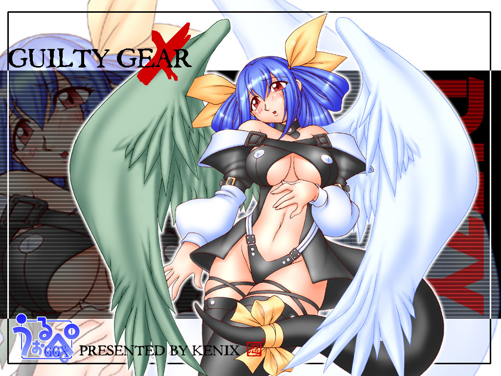 kenix, dizzy (guilty gear), arc system works, guilty gear, 1girl, asymmetrical wings, blush, bow, breasts, choker, female focus, hair ribbon, head tilt, large breasts, ribbon, solo, tail, tail bow, tail ornament, tail ribbon, thighhighs, underboob, wings, zoom layer