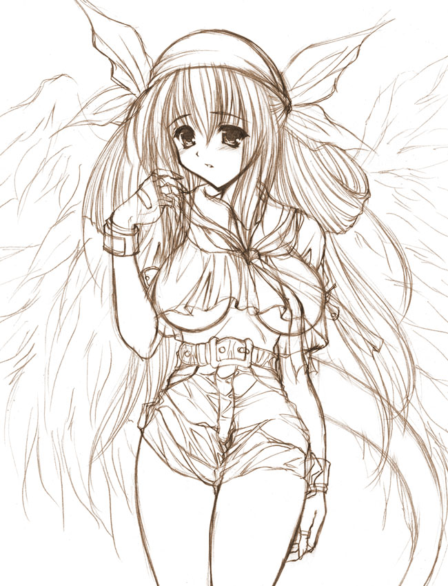 shujin, dizzy (guilty gear), arc system works, guilty gear, 1girl, female focus, monochrome, sketch, solo