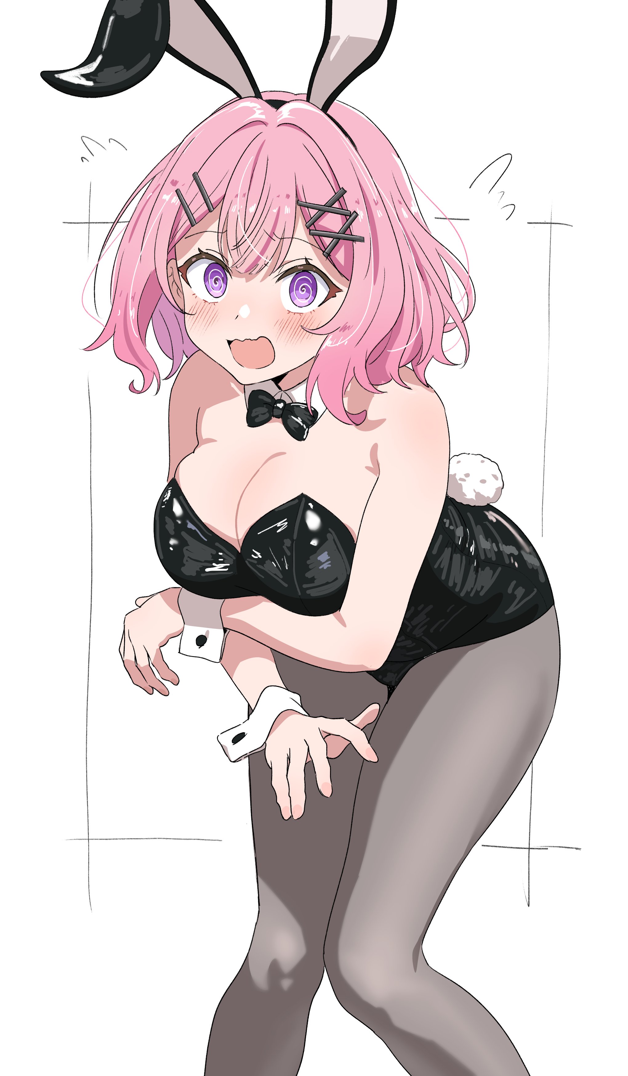 sincos, amaori renako, watashi ga koibito ni nareru wake naijan murimuri!, absurdres, highres, 1girl, @ @, animal ear hairband, animal ears, arm under breasts, bent over, black leotard, blush, bow, bowtie, breasts, cleavage, detached collar, fake animal ears, fake tail, grey pantyhose, hair ornament, hairband, hairclip, large breasts, latex, latex leotard, leotard, looking at viewer, open mouth, pantyhose, parallel hairclips, pink hair, playboy bunny, purple eyes, rabbit ear hairband, rabbit ears, rabbit tail, short hair, solo, strapless, strapless leotard, tail, traditional bowtie, white wrist cuffs, wrist cuffs, x hair ornament