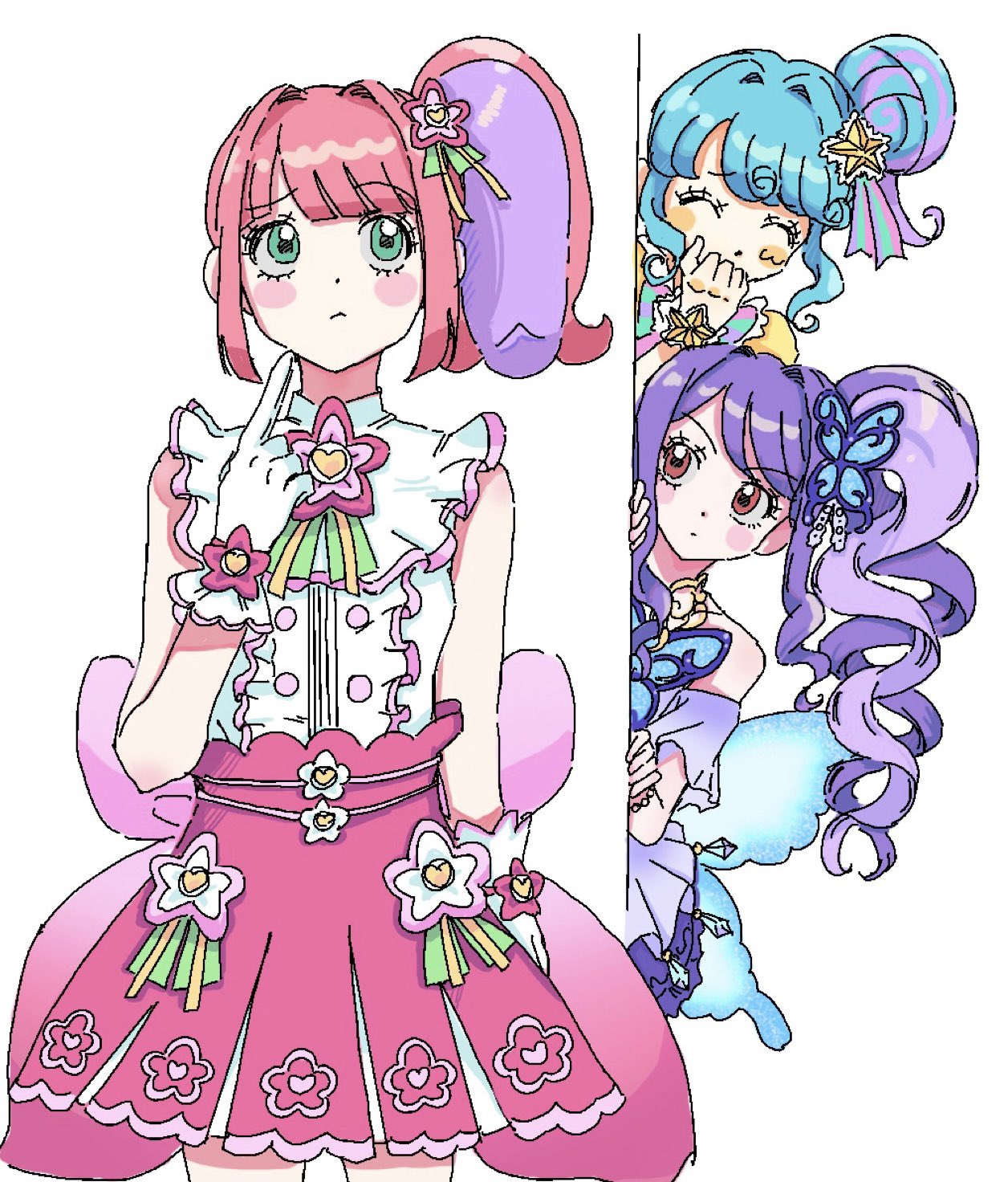 ku (kuooss), junon (pripara), kanon (pripara), pinon (pripara), pretty series, pripara, highres, 3girls, blue wings, center frills, closed mouth, covering own mouth, cowboy shot, flower, frills, gloves, hair flower, hair ornament, long hair, looking at another, multicolored hair, multiple girls, peeking out, pink flower, pink hair, pink skirt, purple hair, shirt, side ponytail, simple background, skirt, standing, streaked hair, white background, white gloves, white shirt, wings