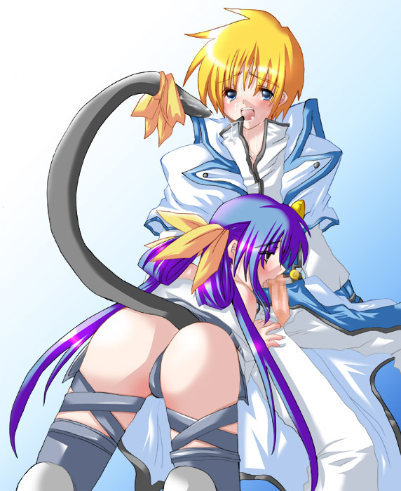 ky (nimbusky), dizzy (guilty gear), ky kiske, arc system works, guilty gear, 1boy, 1girl, ass, bow, censored, fellatio, hetero, mosaic censoring, oral, penis, tail, tail bow, tail ornament, thighhighs