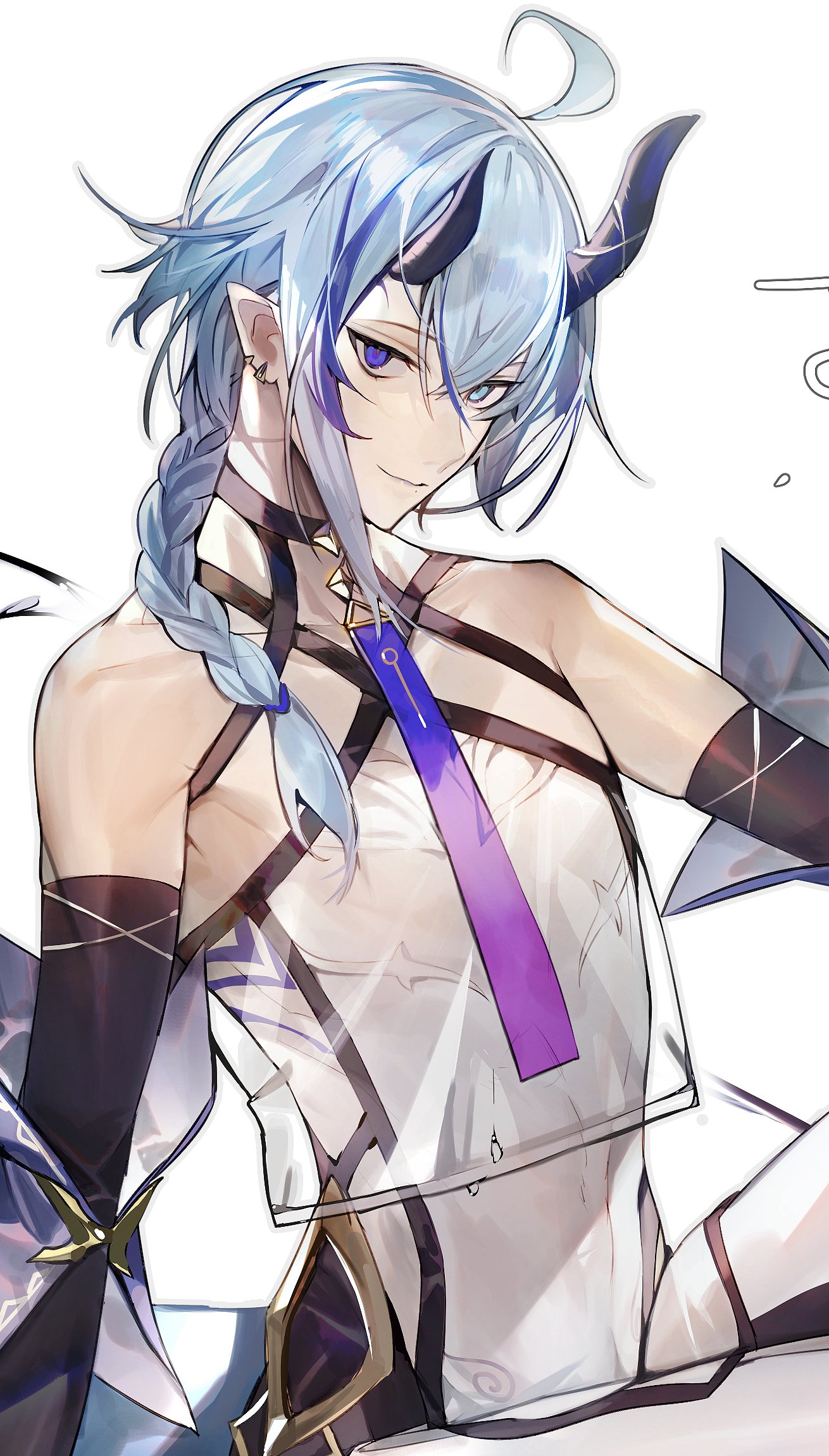 mayutsuba mono, original, commission, highres, skeb commission, 1boy, ahoge, bare shoulders, blue eyes, blue hair, braid, braided ponytail, closed mouth, demon horns, detached sleeves, ear piercing, horns, long hair, looking at viewer, male focus, multicolored hair, piercing, pointy ears, see-through clothes, simple background, sitting, solo, streaked hair, white background