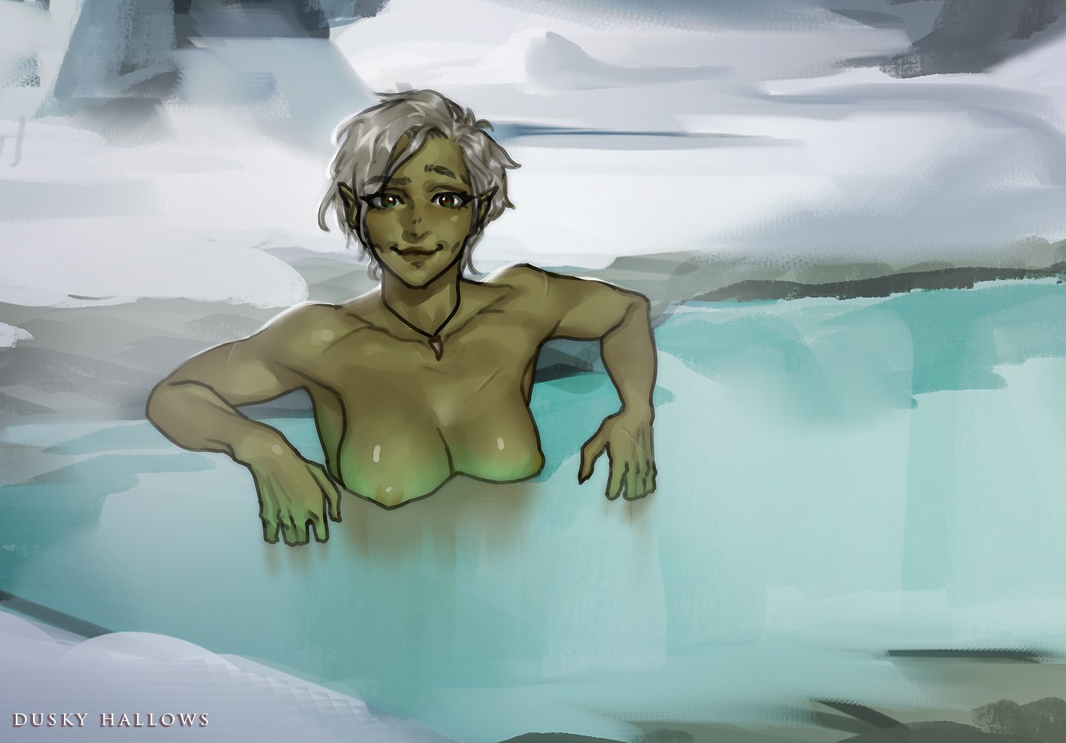 duskyhallows, glasha (sanguine rose), sanguine rose, 1girl, artist name, colored skin, female orc, green skin, jewelry, looking at viewer, necklace, nipples, nude, orc, outdoors, scar, scar on chest, short hair, snow, solo, water, white hair