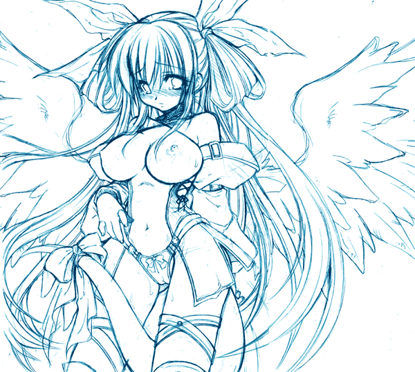 kekocha, shujin, dizzy (guilty gear), arc system works, guilty gear, 1girl, blue theme, bow, breasts, female focus, large breasts, monochrome, navel, nipples, ribbon, solo, tail, tail bow, tail ornament, tail ribbon, thighhighs, wings