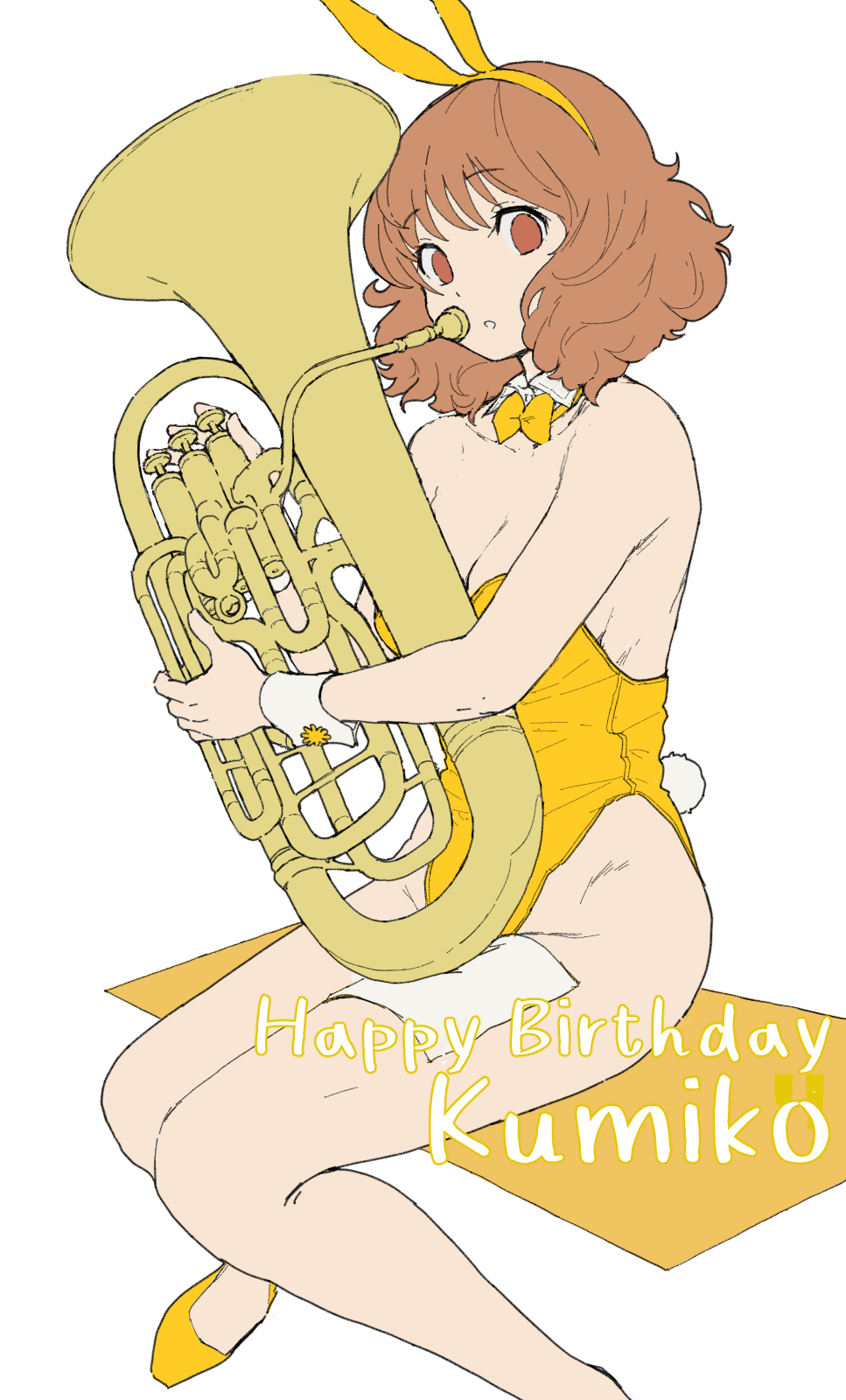 tono51044448, oumae kumiko, hibike! euphonium, highres, 1girl, animal ears, bare legs, bow, bowtie, brown hair, detached collar, fake animal ears, hairband, high heels, instrument, leotard, playboy bunny, rabbit ears, rabbit tail, short hair, solo, strapless, strapless leotard, tail, wrist cuffs, yellow hairband, yellow leotard