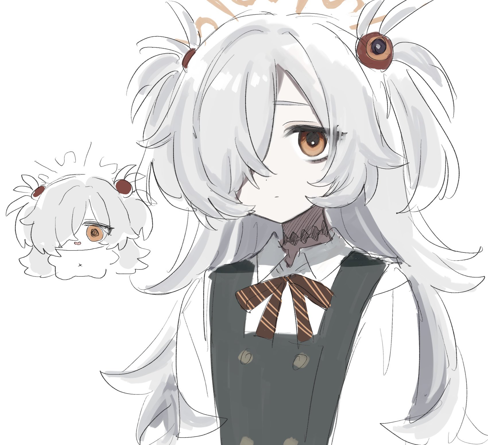 chiyoko (tykchiyo), kanoe (blue archive), blue archive, highres, 1girl, black dress, blush, brown eyes, dress, hair over one eye, long hair, looking at viewer, multiple views, ribbon, shirt, sleeveless, sleeveless dress, striped background, twintails, upper body, vest, white background, white shirt