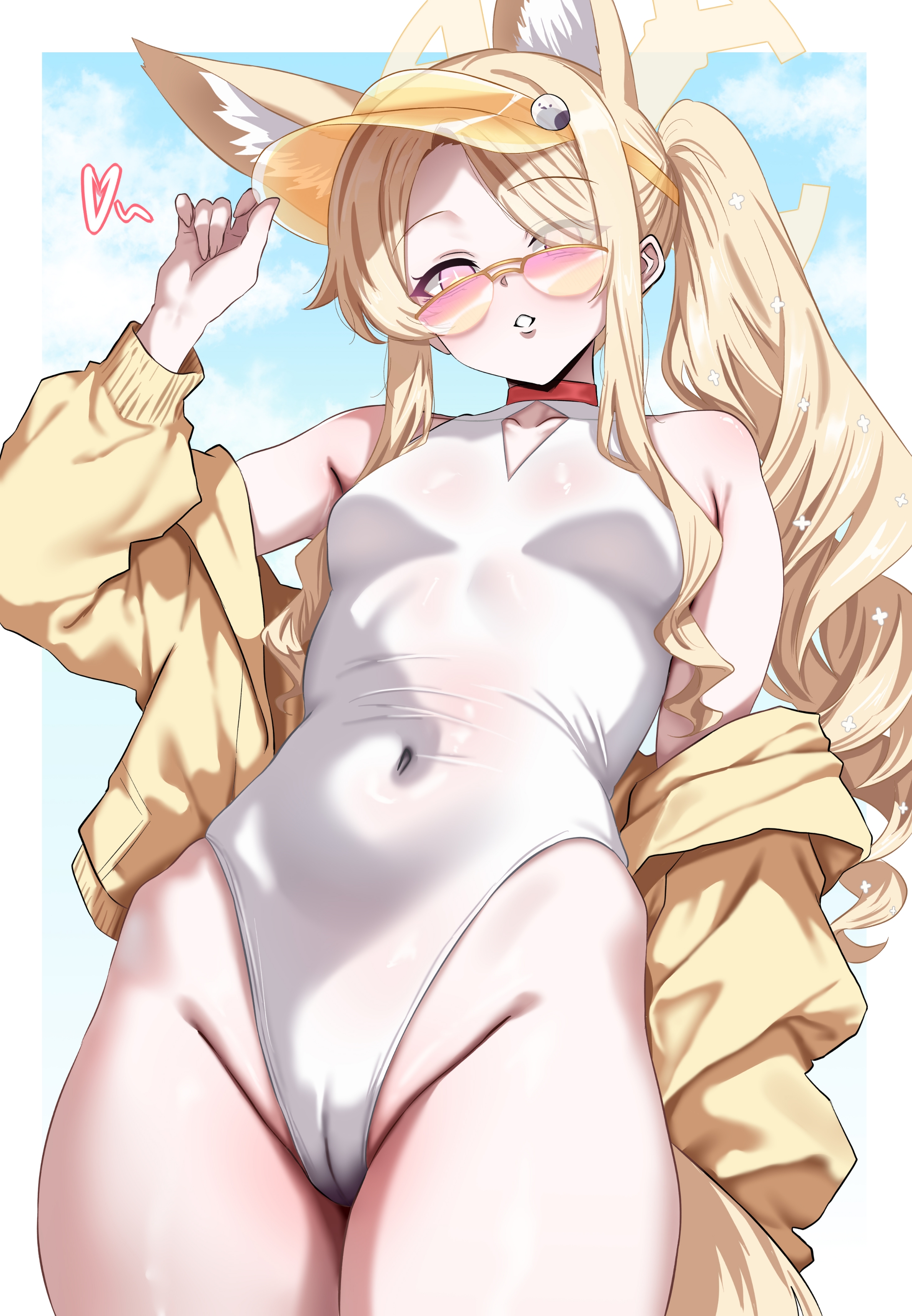 woo (woosan), seia (blue archive), seia (swimsuit) (blue archive), blue archive, absurdres, commentary request, highres, 1girl, above-cleavage cutout, animal ears, bare shoulders, blonde hair, breasts, casual one-piece swimsuit, clothing cutout, covered navel, cross halo, diamond cutout, eyes visible through hair, fox ears, fox girl, from below, gradient-tinted eyewear, groin, hair over one eye, halo, hand up, highleg, highleg one-piece swimsuit, jacket, long hair, looking at viewer, off shoulder, official alternate costume, official alternate hairstyle, one-piece swimsuit, open clothes, open jacket, side ponytail, small breasts, solo, sunglasses, swimsuit, thighs, tinted eyewear, visor cap, white one-piece swimsuit, yellow halo, yellow jacket, yellow visor