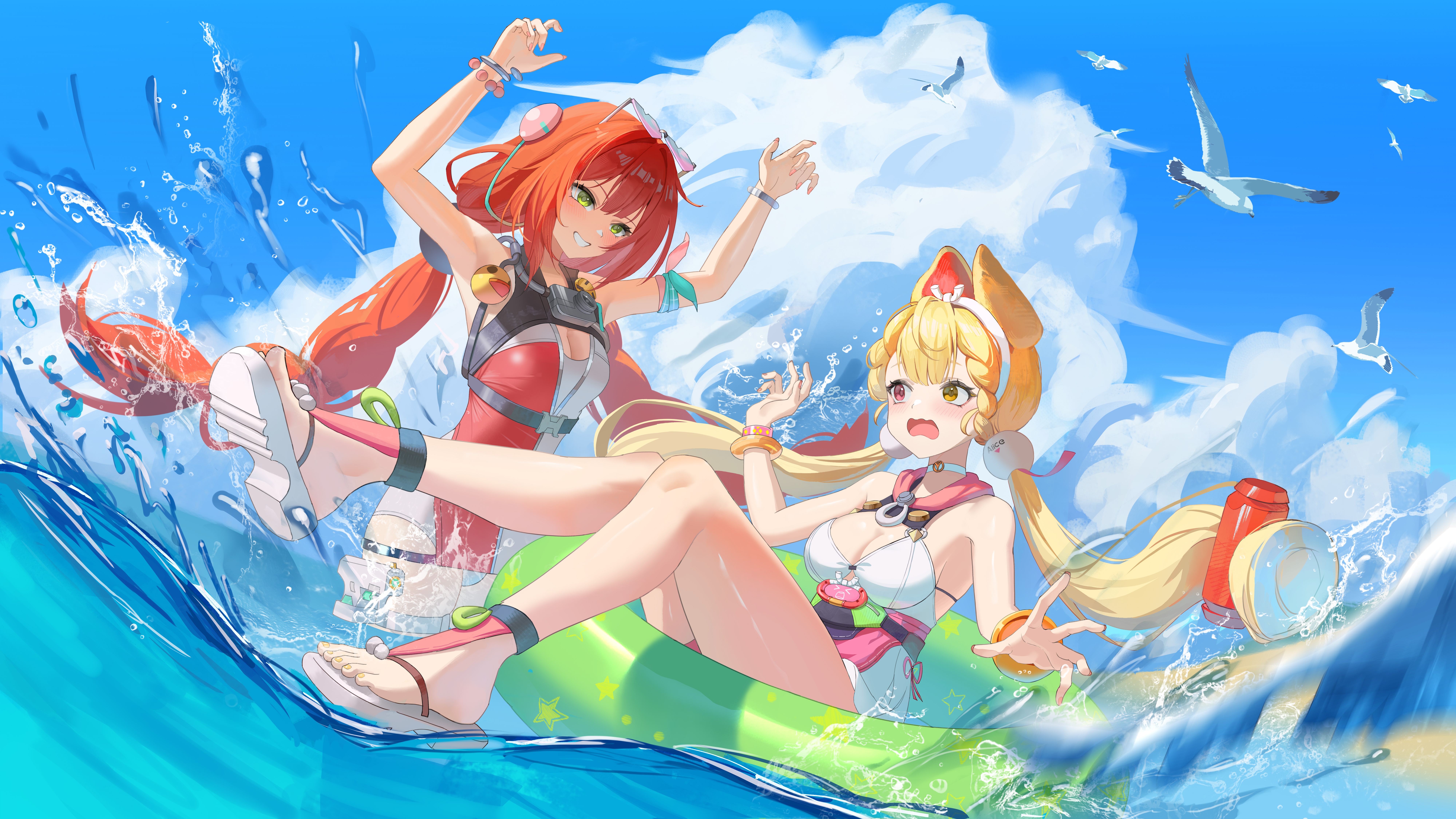 w-t, alice thymefield, alice thymefield (sea of thyme), ukinami yuzuha, ukinami yuzuha (tanuki in broad daylight), zenless zone zero, braided twintails, absurdres, highres, 2girls, afloat, animal ears, apron, armband, bare legs, bare shoulders, bead bracelet, beads, bird, blonde hair, blue sky, blush, bracelet, braid, breasts, choker, cloud, day, eyewear on head, grin, headband, heart, heart-shaped eyewear, heterochromia, innertube, jewelry, large breasts, long hair, looking at another, low twin braids, low twintails, multiple bracelets, multiple girls, ocean, on innertube, one-piece swimsuit, outdoors, pink apron, rabbit ears, rabbit girl, red hair, sandals, seagull, shoes, silver trim, sky, smile, sphere hair ornament, splashing, summer, sunglasses, surprised, swim ring, swimsuit, tinted eyewear, twin braids, twintails, two-tone one-piece swimsuit, unworn eyewear, water, water drop, wet, white choker, white headband, white one-piece swimsuit