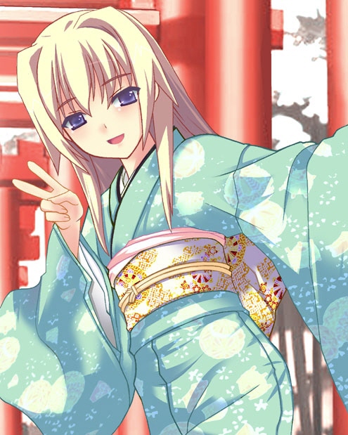 lisa vixen, leaf (studio), routes, 1girl, blonde hair, blue eyes, female focus, hatsumoude, japanese clothes, kimono, long sleeves, new year, solo, torii, v