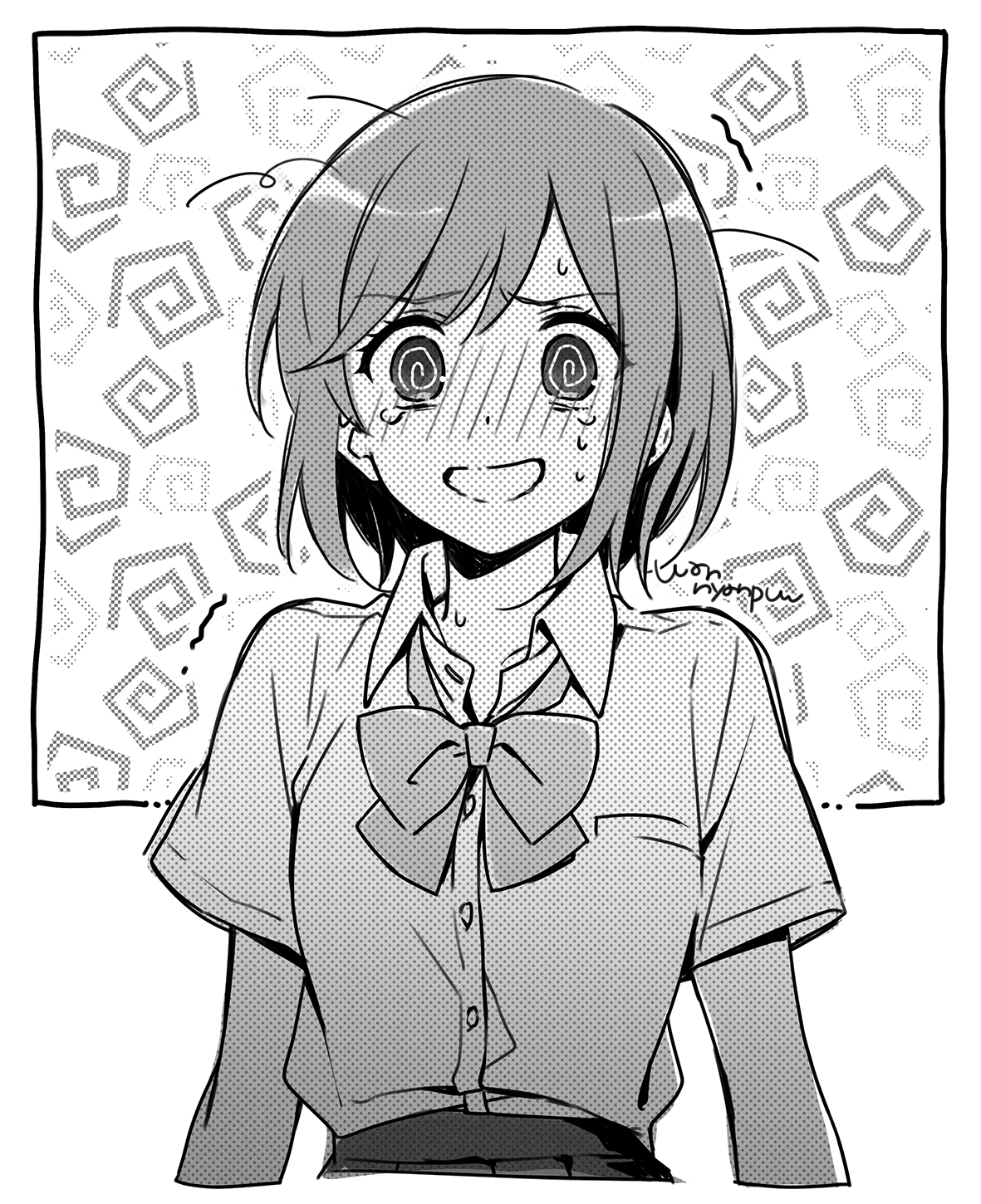 wannyanpu, original, highres, 1girl, @ @, blush, bow, bowtie, crying, crying with eyes open, greyscale, looking at viewer, monochrome, polka dot, shirt, short hair, short sleeves, solo, tears, upper body