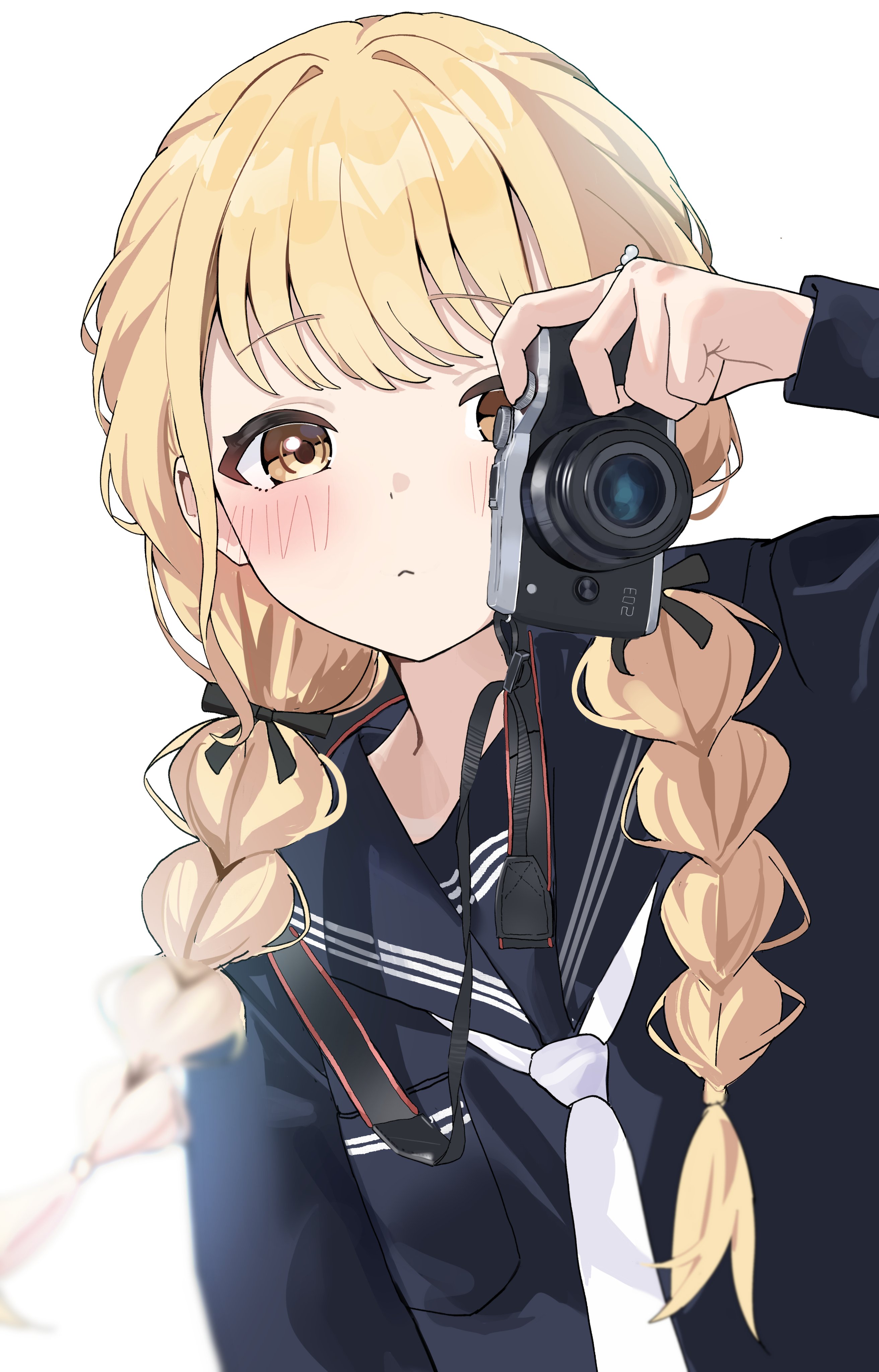 aweqdre, fujita kotone, gakuen idolmaster, idolmaster, absurdres, hashtag-only commentary, highres, 1girl, black sailor collar, black serafuku, black shirt, blonde hair, blush, braid, camera, closed mouth, hair ribbon, holding, holding camera, long sleeves, looking at viewer, necktie, ribbon, sailor collar, school uniform, serafuku, shirt, simple background, solo, twin braids, upper body, white background, white necktie, yellow eyes