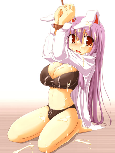 kurikara, reisen udongein inaba, touhou, 1girl, animal ears, barefoot, bdsm, bondage, bound, bound wrists, bra, breasts, cleavage, cruelty to animals, cum, female focus, large breasts, lingerie, long hair, open clothes, open shirt, panties, purple hair, rabbit ears, red eyes, rope, seiza, shirt, sitting, solo, underwear