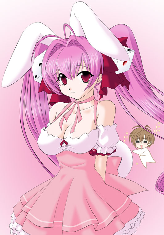 usada hikaru, di gi charat, di gi charat (1999), 1boy, 1girl, animal ears, antenna hair, bow, breasts, chibi, chibi inset, dress, hair intakes, hair ornament, halterneck, large breasts, pink bow, pink hair, rabbit ears, rabbit tail, red eyes