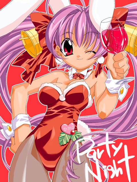 usada hikaru, di gi charat, 1girl, animal ears, arm up, bare shoulders, closed mouth, collarbone, cup, detached collar, dot nose, drinking glass, english text, fake animal ears, female focus, holding, holding wine glass, leotard, one eye closed, pantyhose, party, playboy bunny, purple hair, rabbit ears, red eyes, smile, solo, standing, wine glass, wrist cuffs