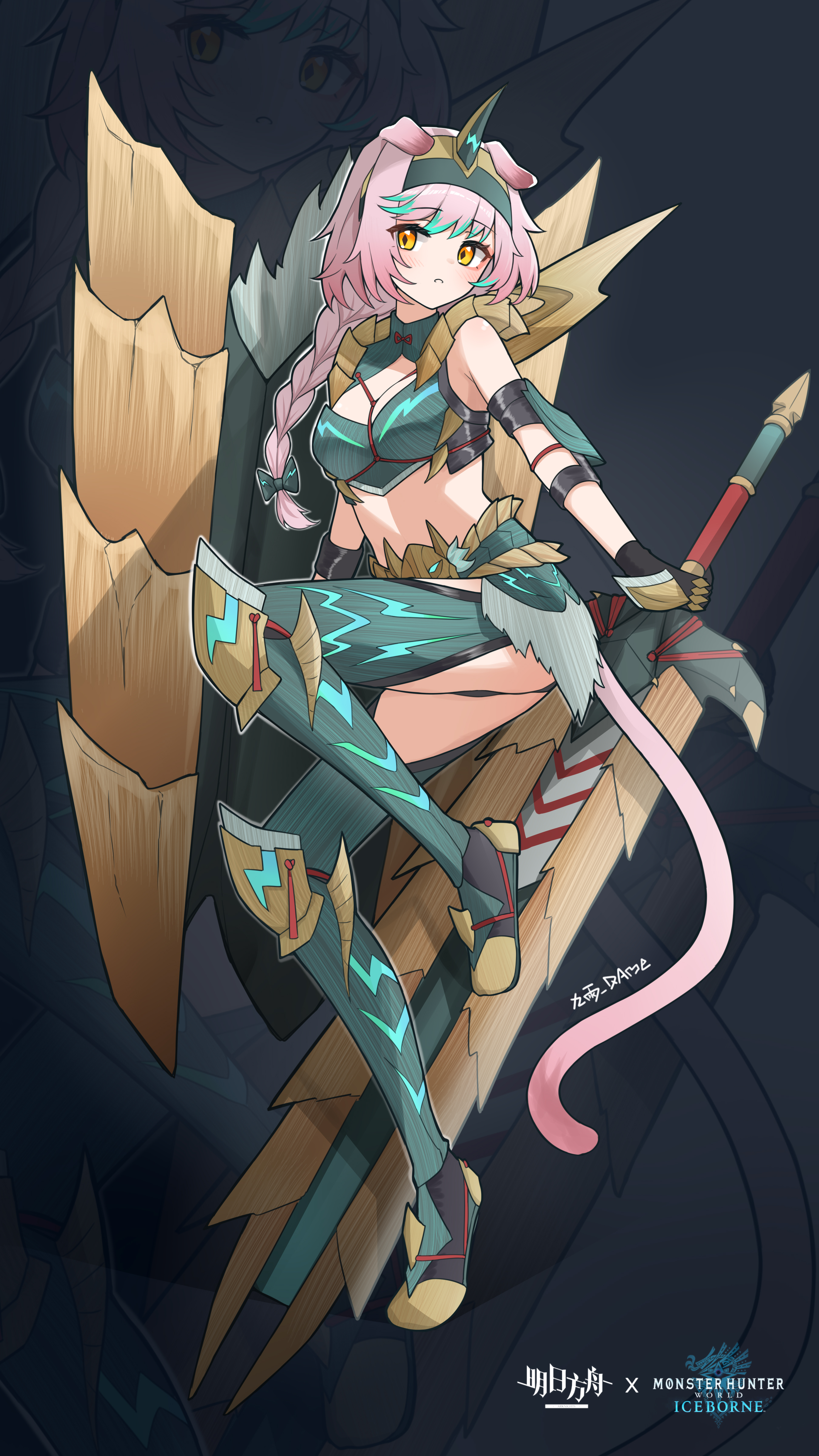 jiuyu qame, goldenglow (arknights), arknights, monster hunter: world, monster hunter (series), monster hunter world: iceborne, absurdres, chinese commentary, commentary request, highres, 1girl, animal ears, armor, armored boots, artist name, bare shoulders, black gloves, blush, boots, bow, braid, breasts, cleavage, copyright name, diamond-shaped pupils, diamond (shape), full body, gloves, green boots, green hair, hair bow, holding, holding sword, holding weapon, linea alba, long hair, medium breasts, multicolored hair, parted lips, pink hair, pink tail, shield, solo, streaked hair, sword, symbol-shaped pupils, tail, thigh boots, weapon, yellow eyes, zoom layer